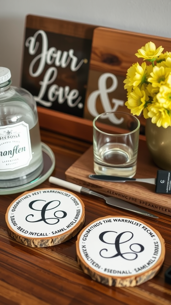 25 Creative Ideas for a Cowboy-Themed Wedding Celebration A rustic table setting featuring personalized coasters, a sign that reads 'Your Love &', flowers, and glassware.