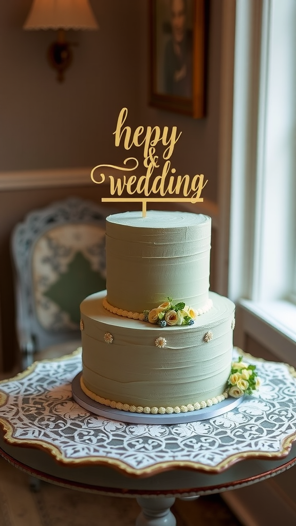 15 Elegant Sage Green Wedding Cake Ideas for Your Perfect Day A sage green wedding cake with a custom topper saying 'Nde Nochel', placed on an elegant table.