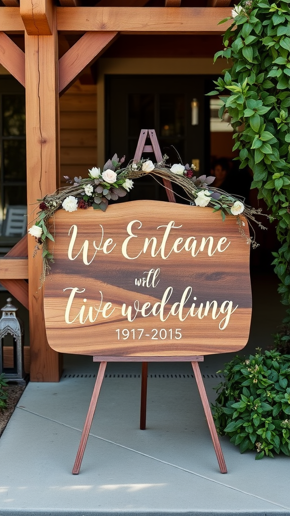 35 Earth Tone Wedding Ideas That'll Make Your Guests Go 'Wow!' (Don't Miss #10!) A wooden wedding sign with floral decoration welcoming guests to a venue.