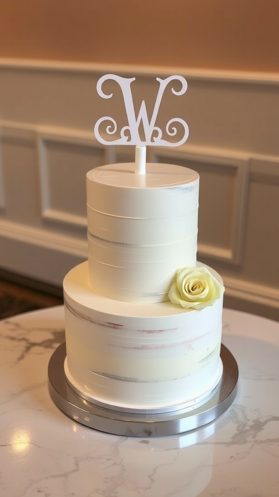 30 Themed Two-Tier Wedding Cakes That Are Totally Unique (Check Out #9!) Two tier wedding cake with a white monogram topper and a rose