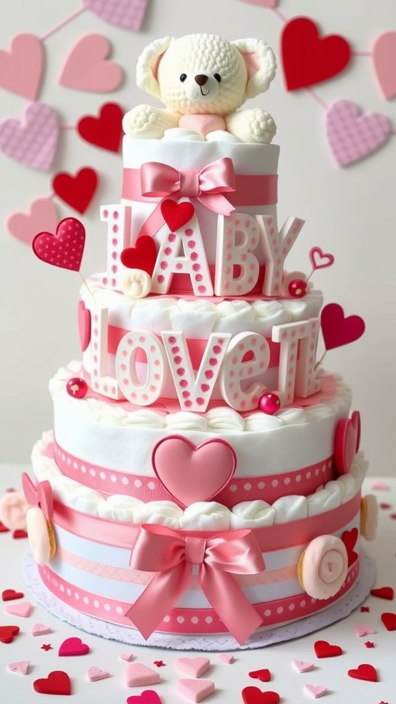 25 Creative Valentine Diaper Cakes A pink and white diaper cake decorated with hearts and a teddy bear on top.