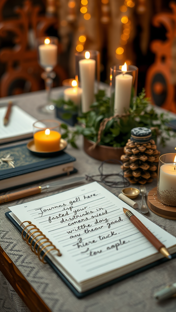 25 Creative Nesting Party Ideas for a Cozy Gathering A cozy setting featuring personalized nesting journals, candles, and nature-inspired decor.