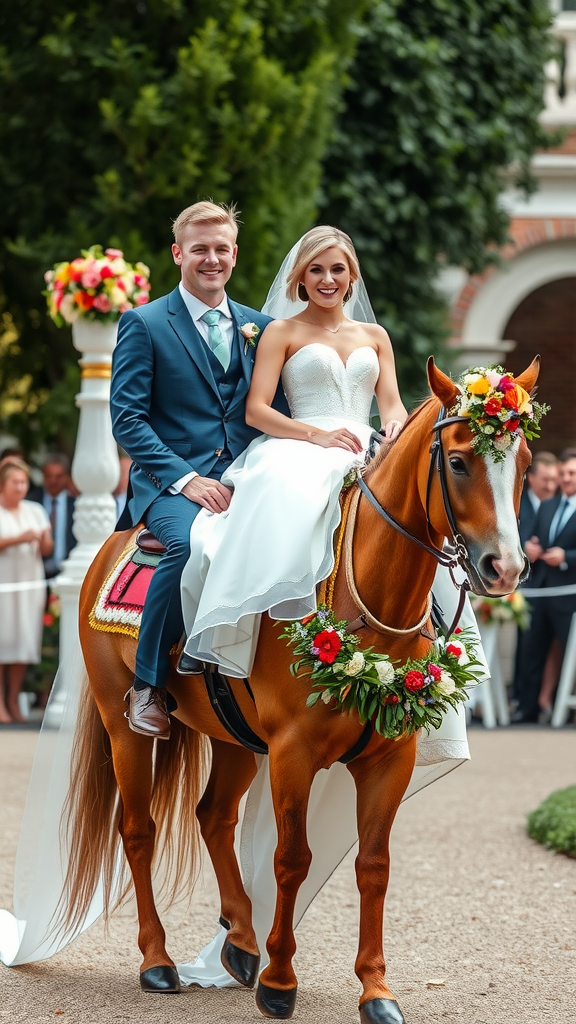 15 Creative Cowboy Wedding Entrance Ideas to Wow Your Guests A bride and groom on a decorated horse during their wedding ceremony.