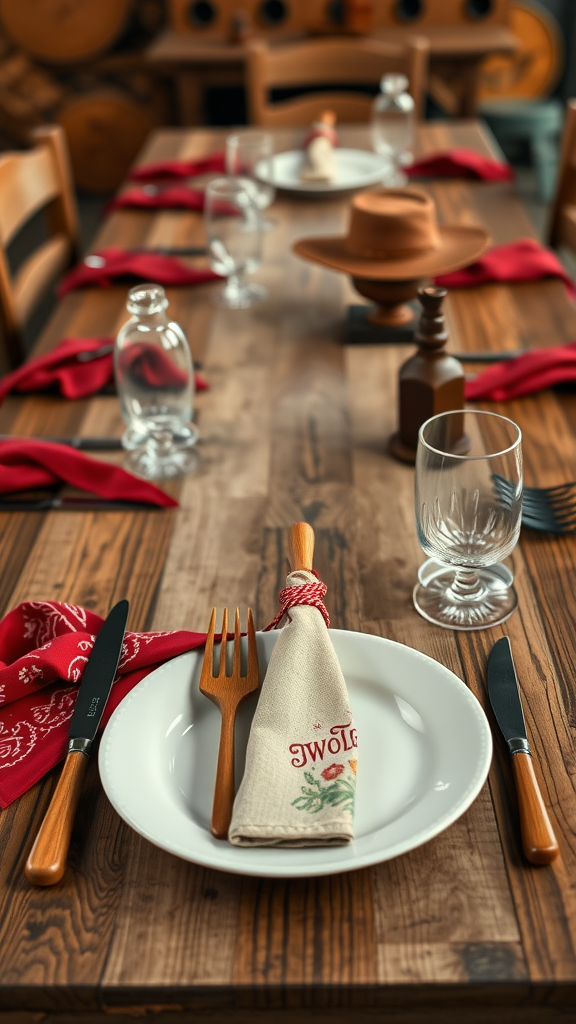 25 Creative Ideas for a Cowboy-Themed Wedding Celebration Table setting with cowboy wedding theme featuring wooden table, red bandana napkins, and cowboy hat.
