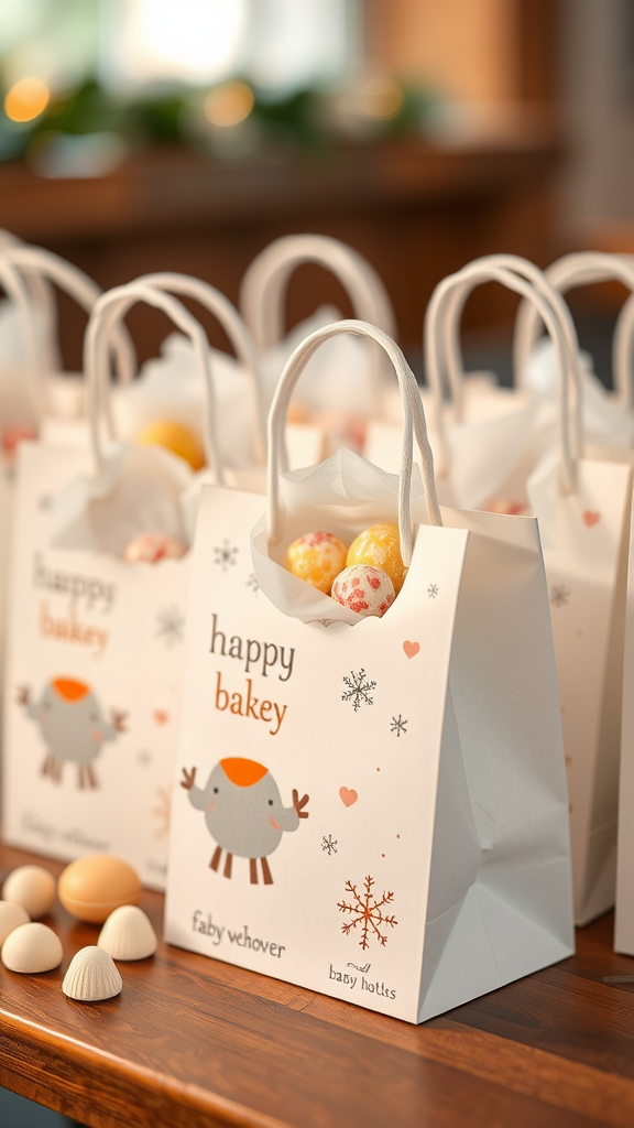25 Sweet Winter Baby Shower Ideas to Warm Your Celebration Personalized winter-themed favor bags with a cheerful bird design and filled with colorful candies on a wooden table.