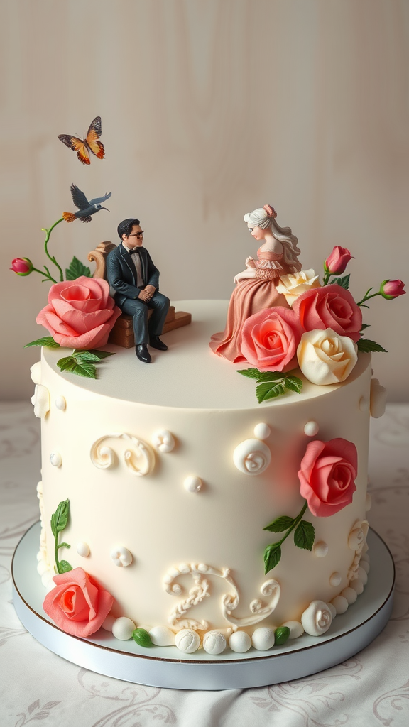 35 Exquisite Rococo Cakes for Your Next Celebration An elegantly decorated Rococo cake featuring a groom and bride figurine, surrounded by roses and butterflies.