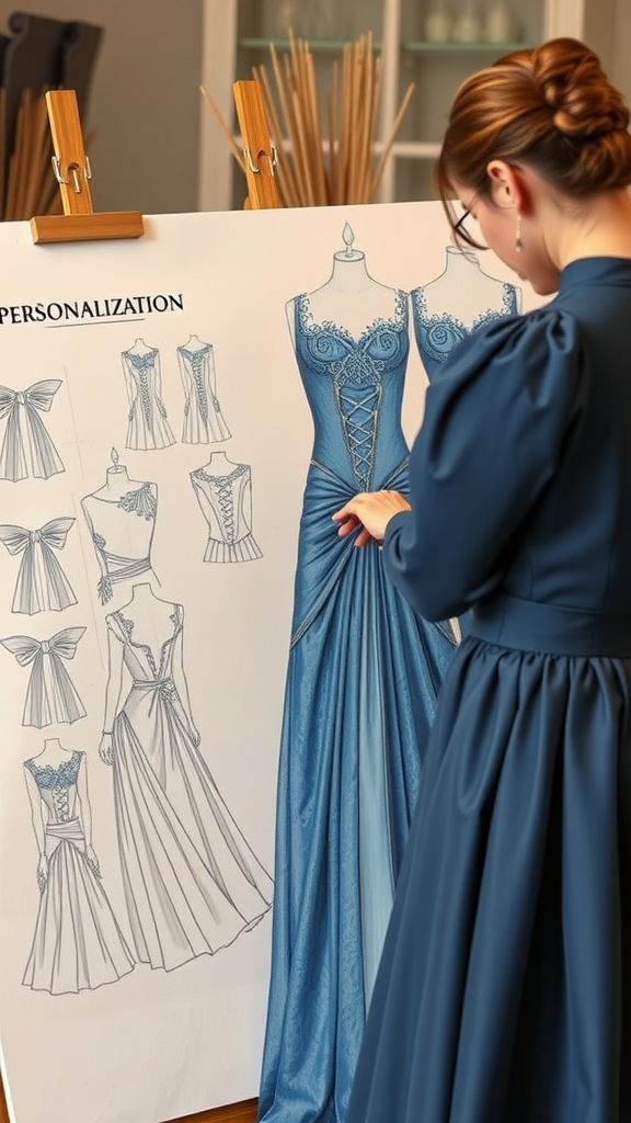 15 Stunning Blue Medieval Wedding Dresses for Your Fairytale Day A designer examining sketches for personalizing a blue medieval wedding dress, showcasing various design options.
