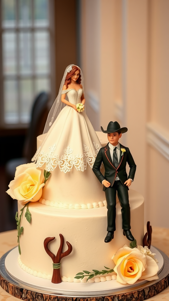 25 Cowboy Wedding Cake Ideas to Inspire Your Rustic Celebration A beautifully decorated cowboy wedding cake with a bride and groom figurine on top, featuring roses and rustic elements.
