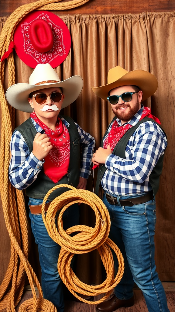 25 Creative Ideas for a Cowboy-Themed Wedding Celebration Two men dressed in cowboy attire with props in a photo booth setting