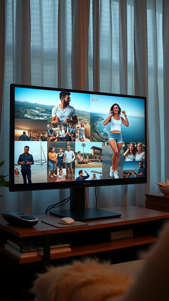 20 Exciting adults New Year's Eve Party Ideas A TV displaying a collage of photos with people enjoying various activities and moments.