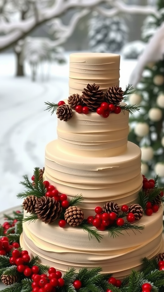 20 Festive Christmas Wedding Cakes and Cupcakes to Delight Your Guests A beautiful three-tier wedding cake decorated with pinecones and red berries, set in a wintery background.