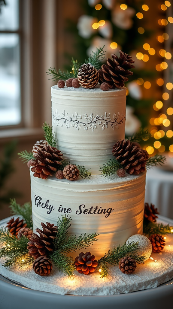 20 Enchanting Christmas Wedding Cake Ideas A beautifully decorated cake with pinecones and evergreen accents, set against a glowing background