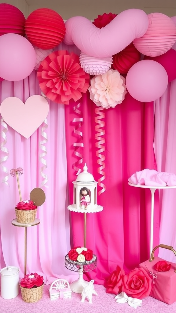 25 Lovely Valentine Baby Shower Ideas You’ll Love A festive baby shower setup featuring a pink and red color palette with decorations, balloons, and a cake. Valentine Baby Shower Ideas