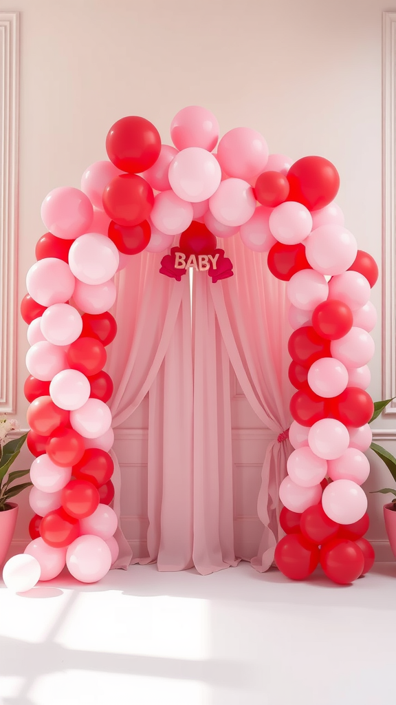 25 Lovely Valentine Baby Shower Ideas You’ll Love A colorful balloon arch in shades of red and pink with a sign that says 'BABY.'