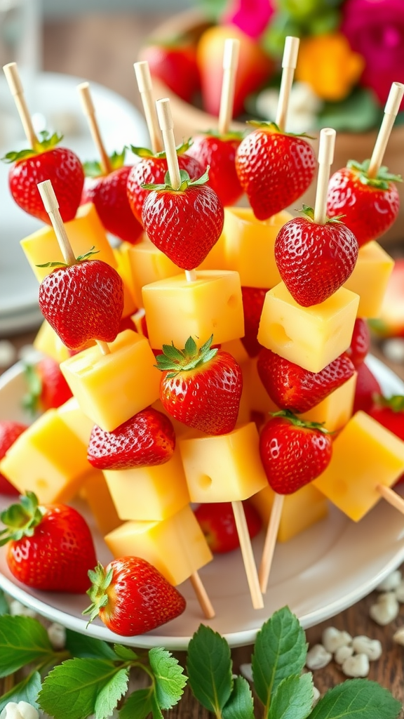 25 Creative Strawberry Centerpiece Ideas for Every Occasion Colorful skewers of strawberries and pineapple cubes arranged on a plate.