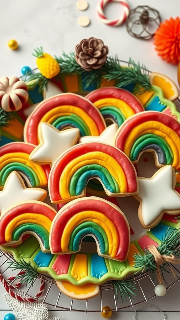 15 Adorable Valentine Baby Shower Sugar Cookies A colorful display of rainbow-shaped sugar cookies decorated with vibrant icing, perfect for celebrations. Valentine Baby Shower Sugar Cookies