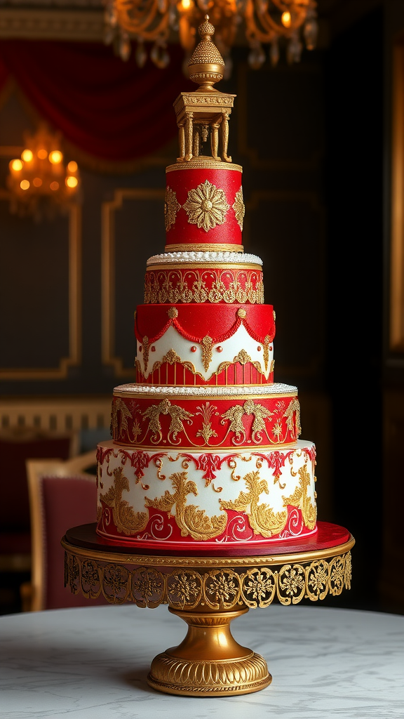 20 Festive Christmas Wedding Cakes and Cupcakes to Delight Your Guests A red and gold tiered wedding cake with intricate designs and a golden top structure, displayed elegantly.