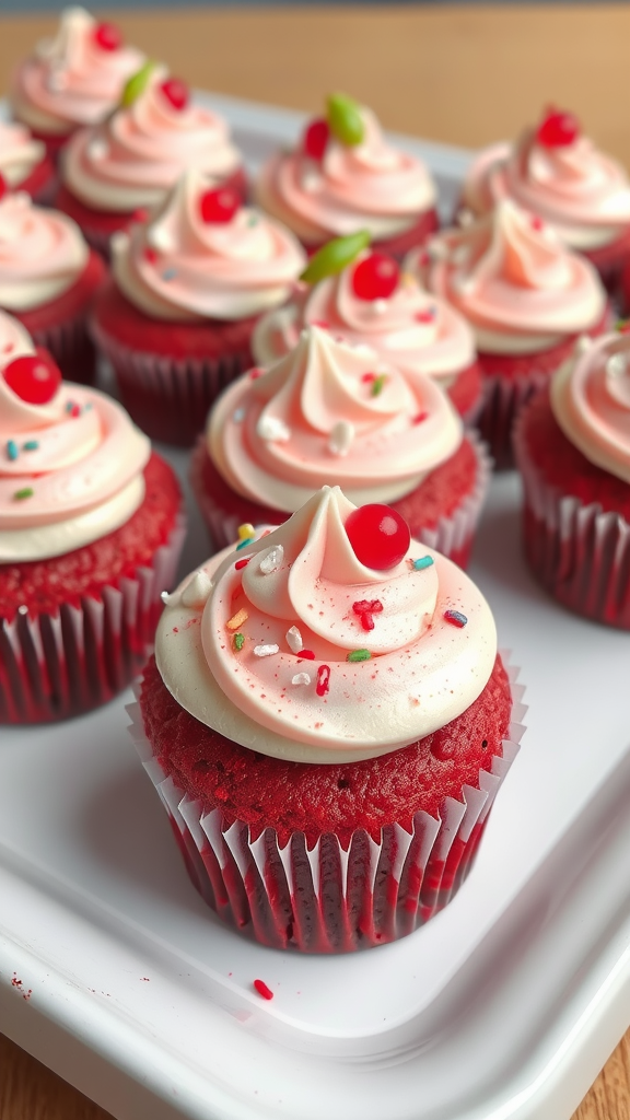 20 Festive Christmas Wedding Cakes and Cupcakes to Delight Your Guests A tray of red velvet cupcakes with cream cheese frosting, sprinkles, and cherries on top