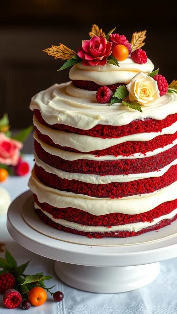20 Enchanting Christmas Wedding Cake Ideas A tall red velvet cake with cream cheese frosting and decorative flowers and berries on top.