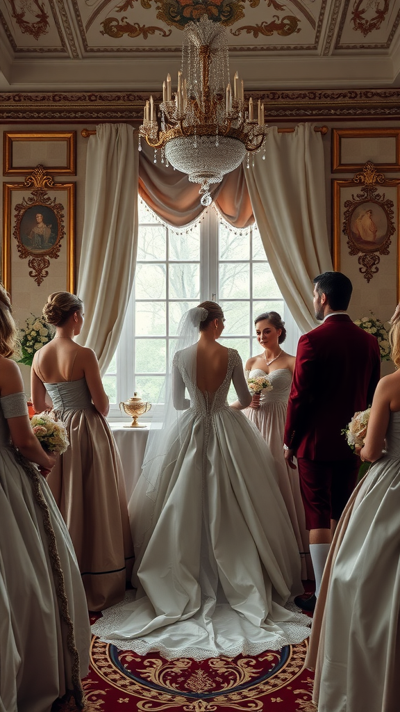 35 Rococo Wedding Inspiration Ideas That Will Make Your Heart Skip a Beat (Don't Miss #10!) A bride in a Rococo wedding setting with bridesmaids, showcasing elegant decor and a beautiful chandelier.