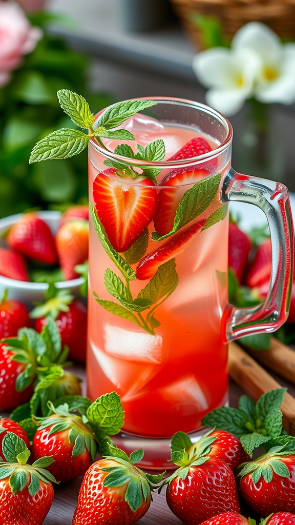 25 Creative Strawberry Centerpiece Ideas for Every Occasion A refreshing strawberry and mint cooler served in a glass with mint leaves and sliced strawberries, surrounded by fresh strawberries.