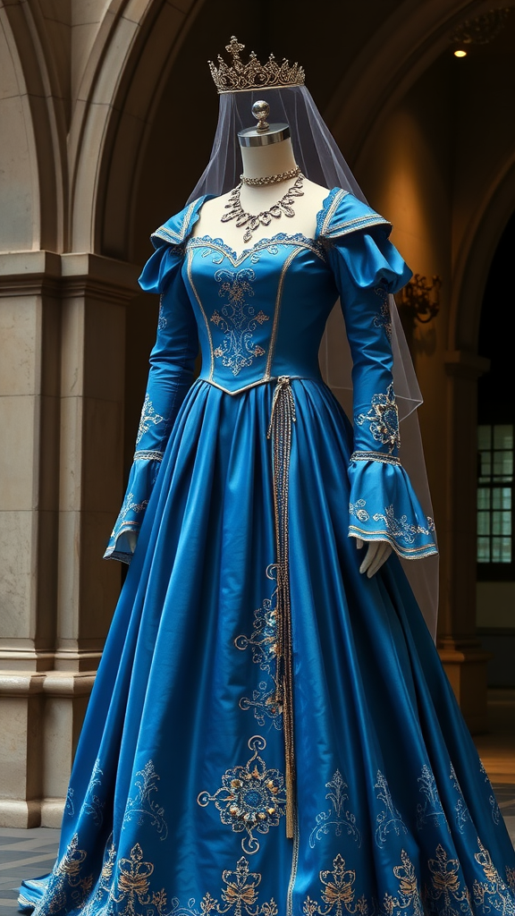 15 Stunning Blue Medieval Wedding Dresses for Your Fairytale Day An elegant blue medieval wedding dress displayed on a mannequin, adorned with a crown and veil.