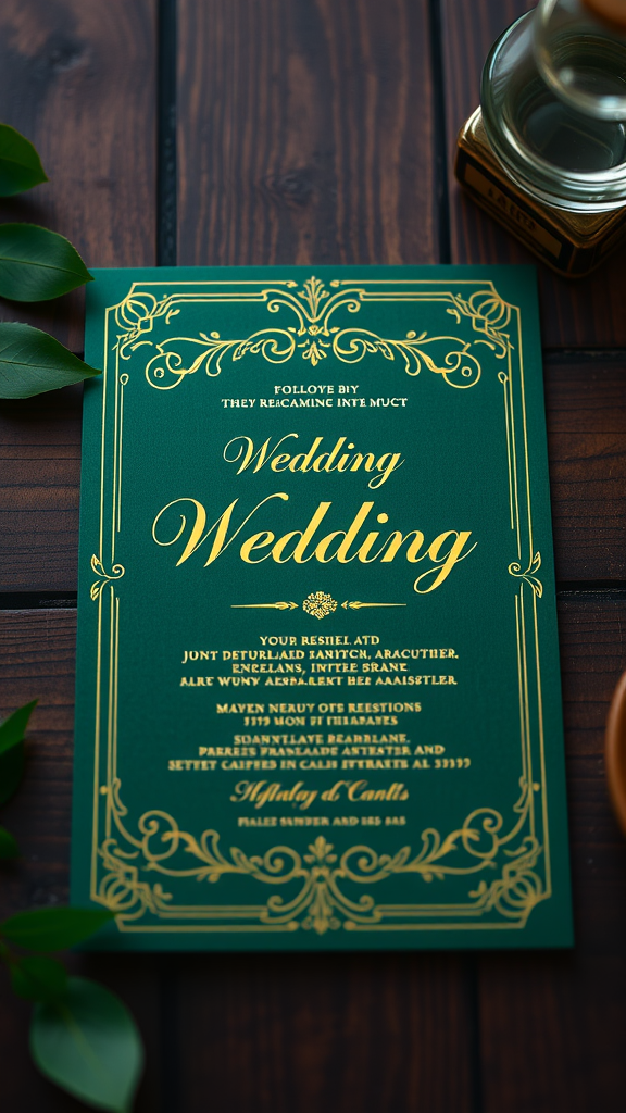 20 Enchanting Dark Romantic Wedding in Emerald Green Ideas Rich emerald green wedding invitation with gold detailing