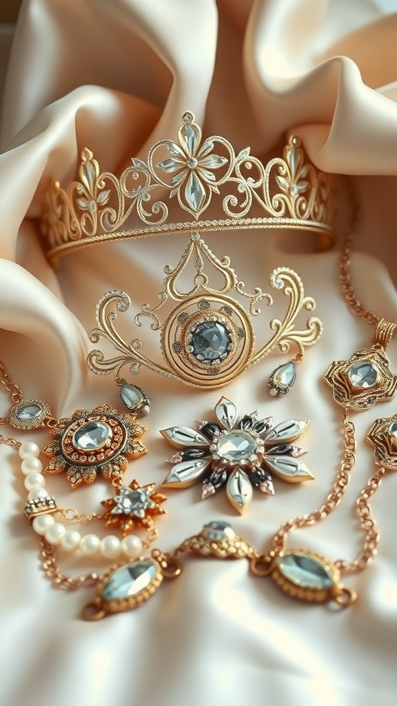 35 Rococo Wedding Inspiration Ideas That Will Make Your Heart Skip a Beat (Don't Miss #10!) A collection of Rococo-inspired bridal accessories including a crown and intricate jewelry on soft fabric.