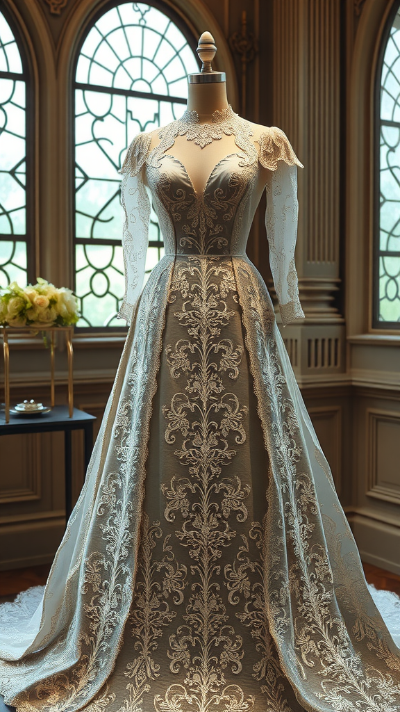 35 Rococo Wedding Inspiration Ideas That Will Make Your Heart Skip a Beat (Don't Miss #10!) A Rococo-inspired bridal gown with intricate patterns and lace sleeves showcased on a mannequin.