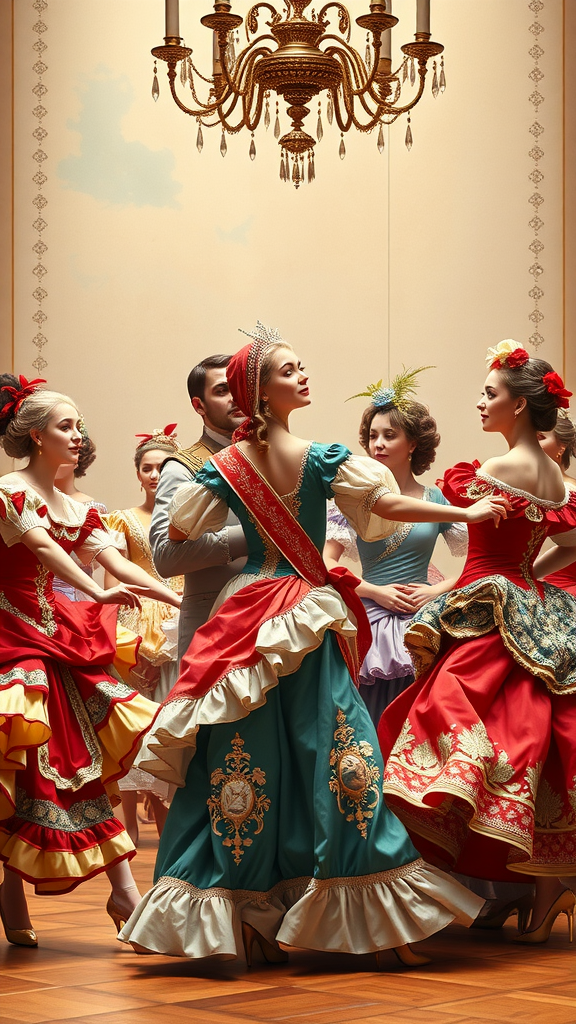 35 Stunning Ideas for a Rococo Party A group of elegantly dressed dancers in colorful costumes performing at a Rococo-inspired party under a chandelier.