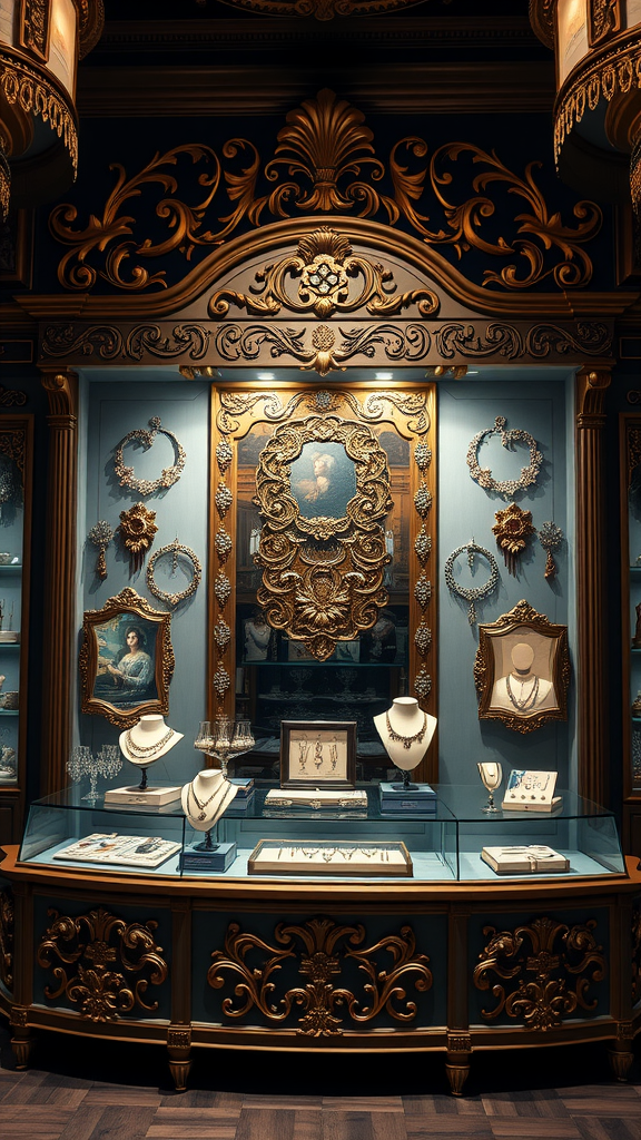 35 Stunning Ideas for a Rococo Party Rococo-inspired jewelry display featuring ornate designs and a vintage portrait.