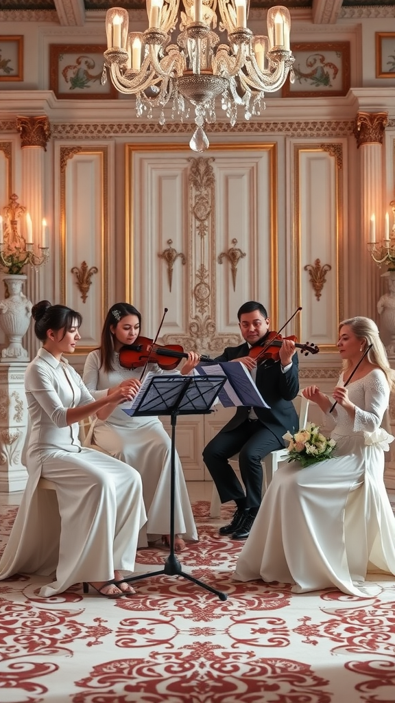 35 Rococo Wedding Inspiration Ideas That Will Make Your Heart Skip a Beat (Don't Miss #10!) A string quartet performing in elegant attire at a Rococo wedding.