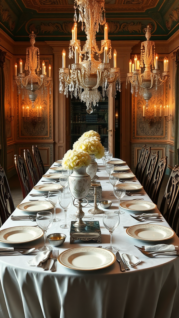 35 Stunning Ideas for a Rococo Party A beautifully set table for a Rococo-inspired party with elegant decor, fine china, and a floral centerpiece.