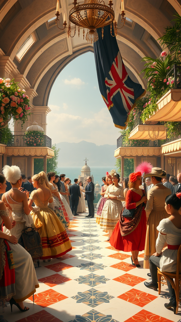 35 Stunning Ideas for a Rococo Party A vibrant Rococo-themed party with guests in colorful costumes, set in an elegantly decorated space