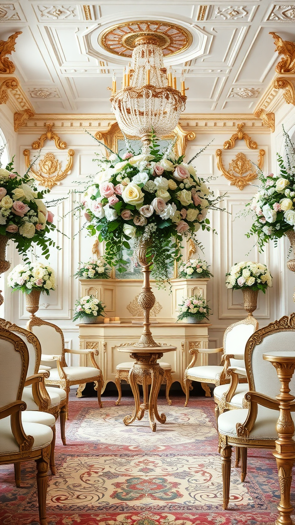 35 Rococo Wedding Inspiration Ideas That Will Make Your Heart Skip a Beat (Don't Miss #10!) A luxurious Rococo wedding decor with a chandelier and floral arrangements.