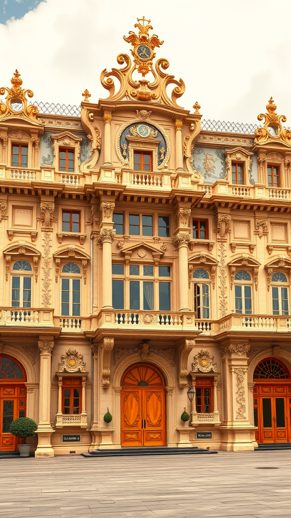 35 Stunning Ideas for a Rococo Party A detailed view of a beautifully designed building with ornate golden decorations and large windows, showcasing Rococo architecture.