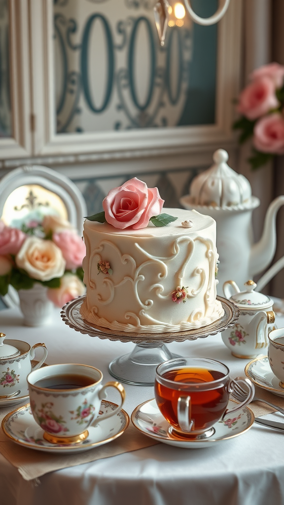 35 Exquisite Rococo Cakes for Your Next Celebration A beautifully decorated Rococo cake with a rose on top, served with fine china cups of tea.