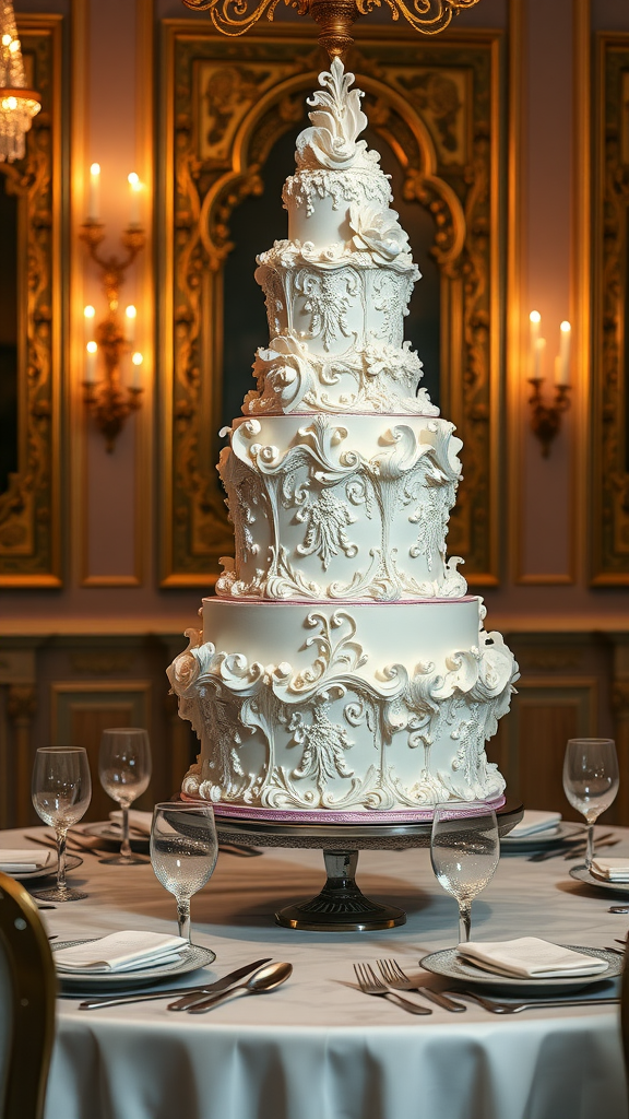 35 Exquisite Rococo Cakes for Your Next Celebration A beautifully detailed Rococo cake displayed as a centerpiece on an elegantly set table.