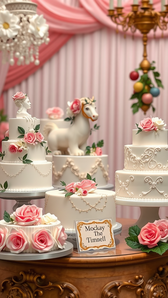 35 Exquisite Rococo Cakes for Your Next Celebration A display of beautifully decorated Rococo cakes with flowers and a decorative horse.