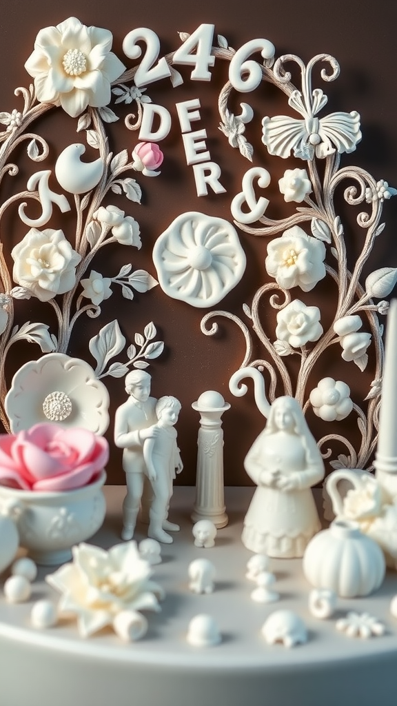 35 Exquisite Rococo Cakes for Your Next Celebration An array of Rococo cake decorating tools displayed with intricate floral and figurative designs.