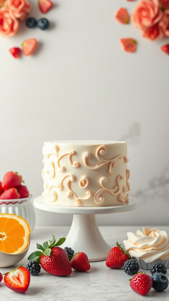 35 Exquisite Rococo Cakes for Your Next Celebration A beautifully decorated Rococo cake with swirls, surrounded by fresh fruits.