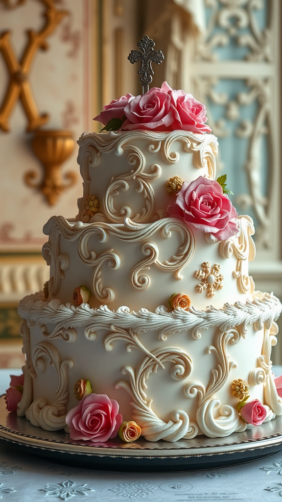 35 Exquisite Rococo Cakes for Your Next Celebration A beautifully decorated Rococo cake with intricate designs and pink roses.