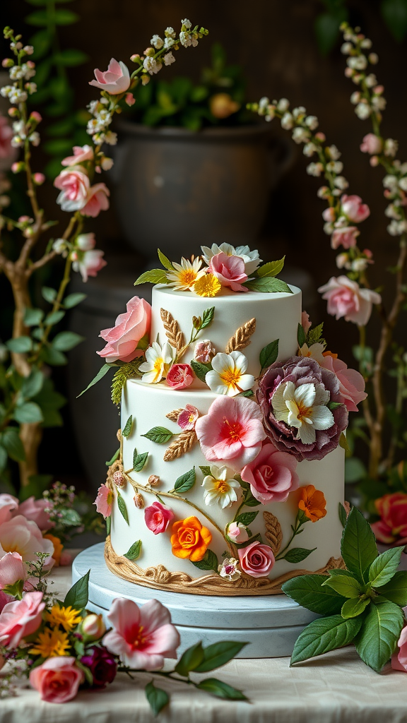 35 Exquisite Rococo Cakes for Your Next Celebration A three-tiered Rococo cake adorned with colorful edible flowers and greenery.