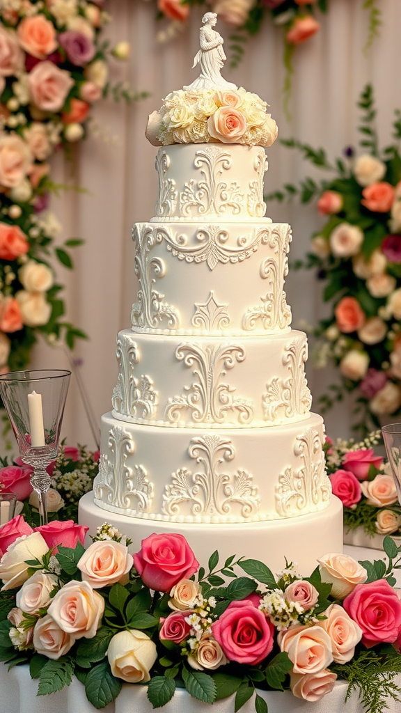 35 Exquisite Rococo Cakes for Your Next Celebration A beautifully designed Rococo cake adorned with intricate patterns and topped with flowers, surrounded by colorful roses.