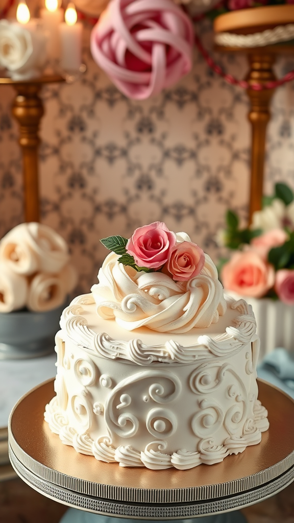 35 Exquisite Rococo Cakes for Your Next Celebration A beautifully decorated Rococo cake with swirls and roses, set against an elegant background.