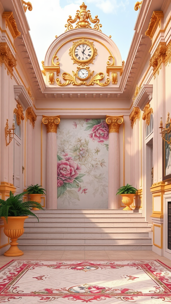 35 Stunning Ideas for a Rococo Party An ornate interior space featuring Rococo design elements, including gold accents, pink walls, and floral decorations.