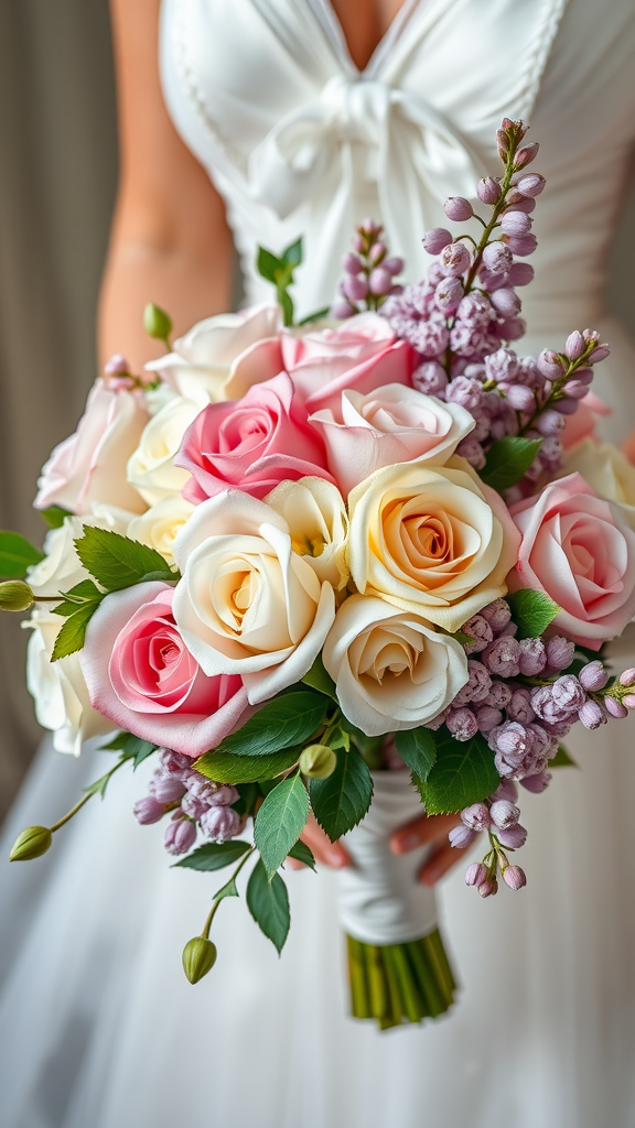35 Rococo Wedding Inspiration Ideas That Will Make Your Heart Skip a Beat (Don't Miss #10!) A bridal bouquet featuring pink and cream roses with purple accents, showcasing Rococo wedding style.