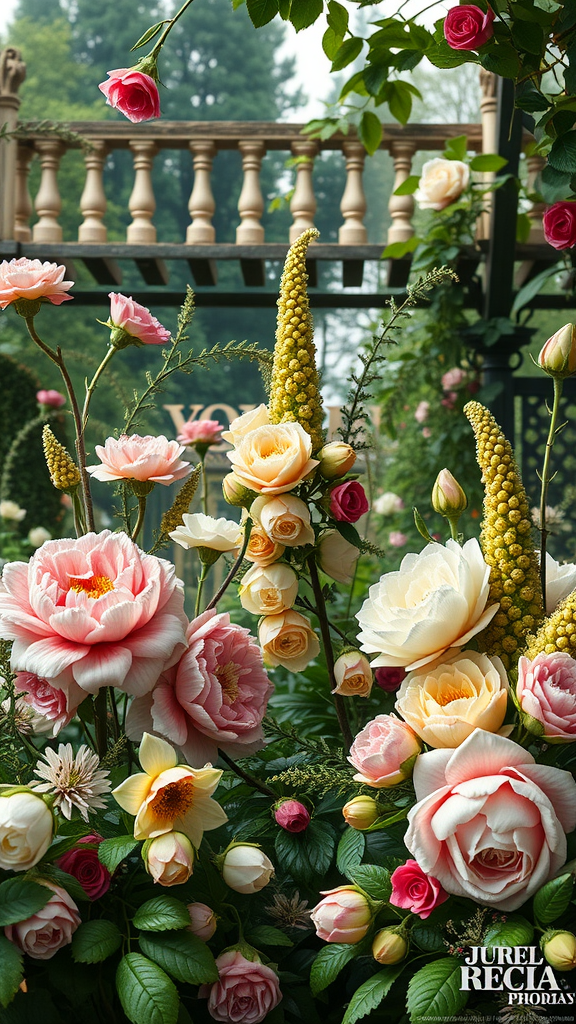 35 Stunning Ideas for a Rococo Party A vibrant floral arrangement featuring various roses in pastel colors, embodying Rococo style.