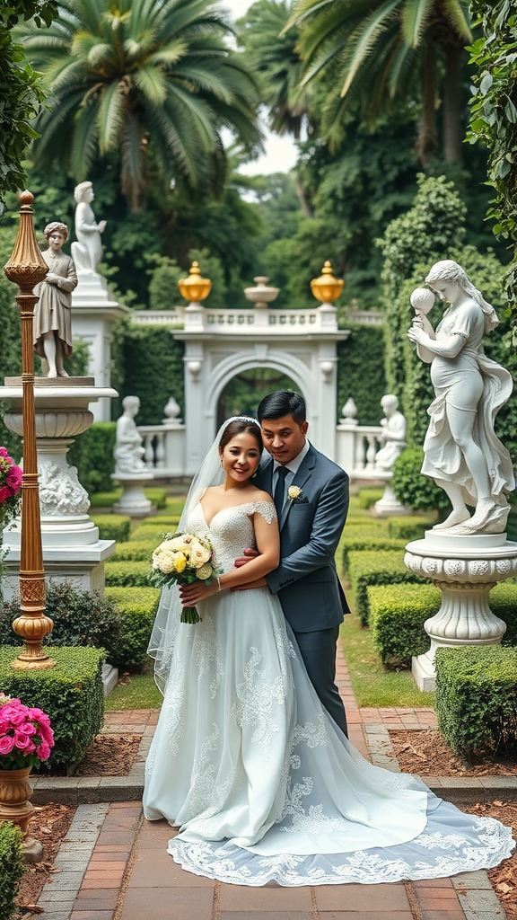 35 Rococo Wedding Inspiration Ideas That Will Make Your Heart Skip a Beat (Don't Miss #10!) A couple in elegant wedding attire poses in a lush garden with classical sculptures, reflecting Rococo style.