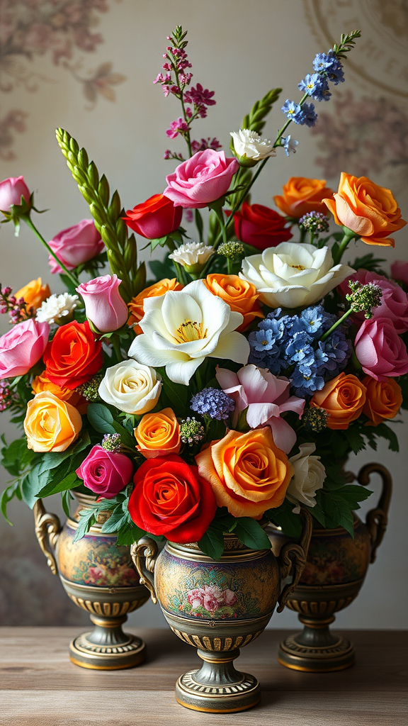 35 Stunning Ideas for a Rococo Party A vibrant arrangement of multicolored flowers in ornate gold vases